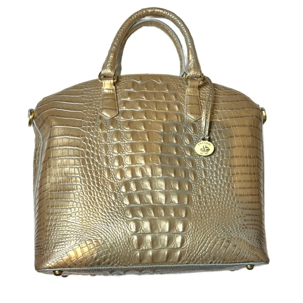 Brahmin Metallic Gold Croc-Embossed Satchel